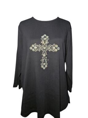 New Quacker Factory Black Cross Shirt Large NWT Rhinestone Studded Cotton QVC
